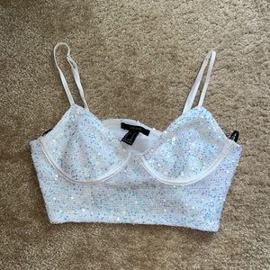 Forever 21 White Iridescent Sequin Crop Tank Adjustable Straps